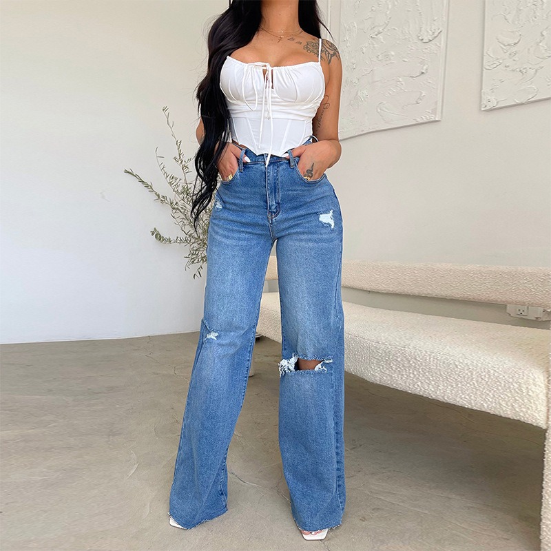 Jeans - Trendy Distressed Ripped Jeans Women Wide