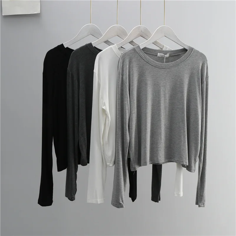 O Neck Cotton Blend Long Sleev - T-Shirts 评论和价格