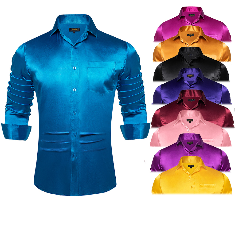 Men's Blue Red White Black Sat - Mens Satin Silk Dress Shirt 评论和价格