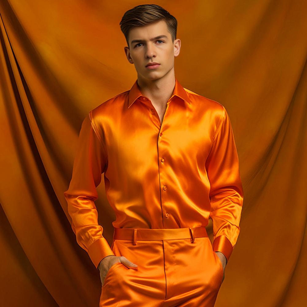 Blue Orange Red Yellow Satin S - Mens Satin Silk Dress Shirt 评论和价格