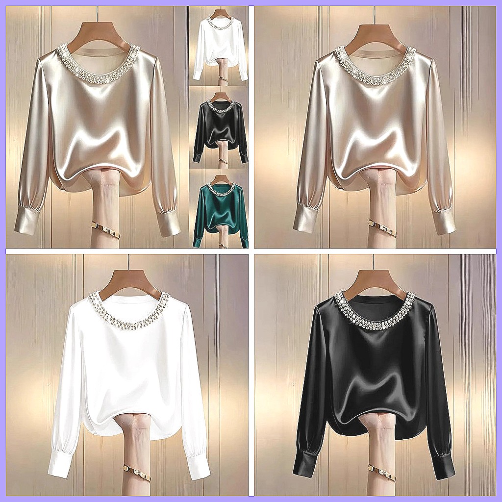 Elegant Beaded Satin Blouse fo - Shirts 评论和价格