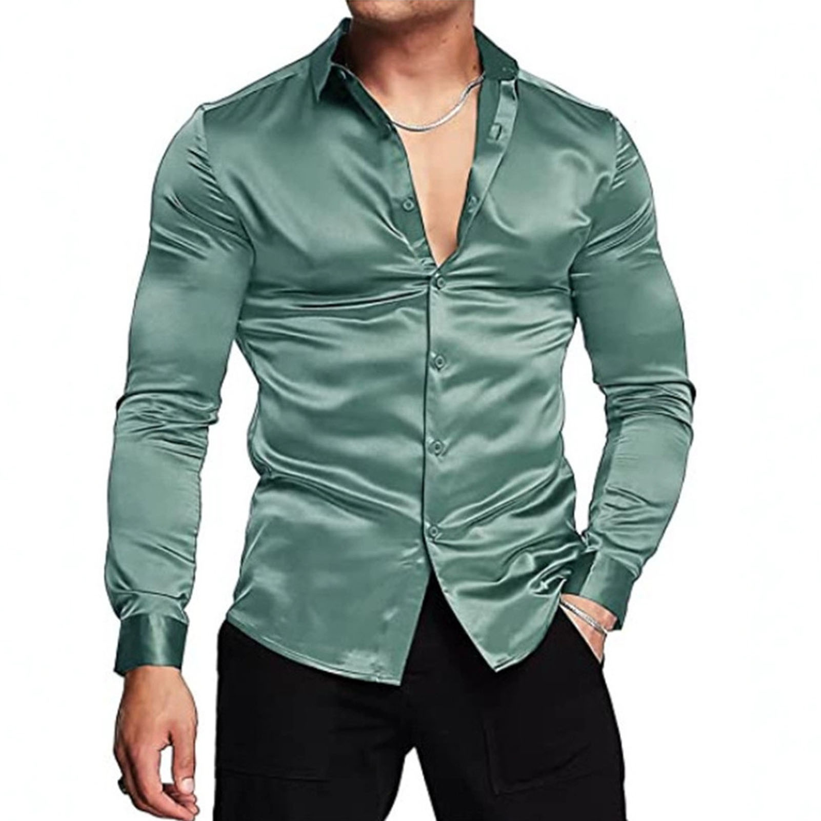 Spring Autumn Silk Satin Shirt - Mens Satin Silk Dress Shirt 评论和价格