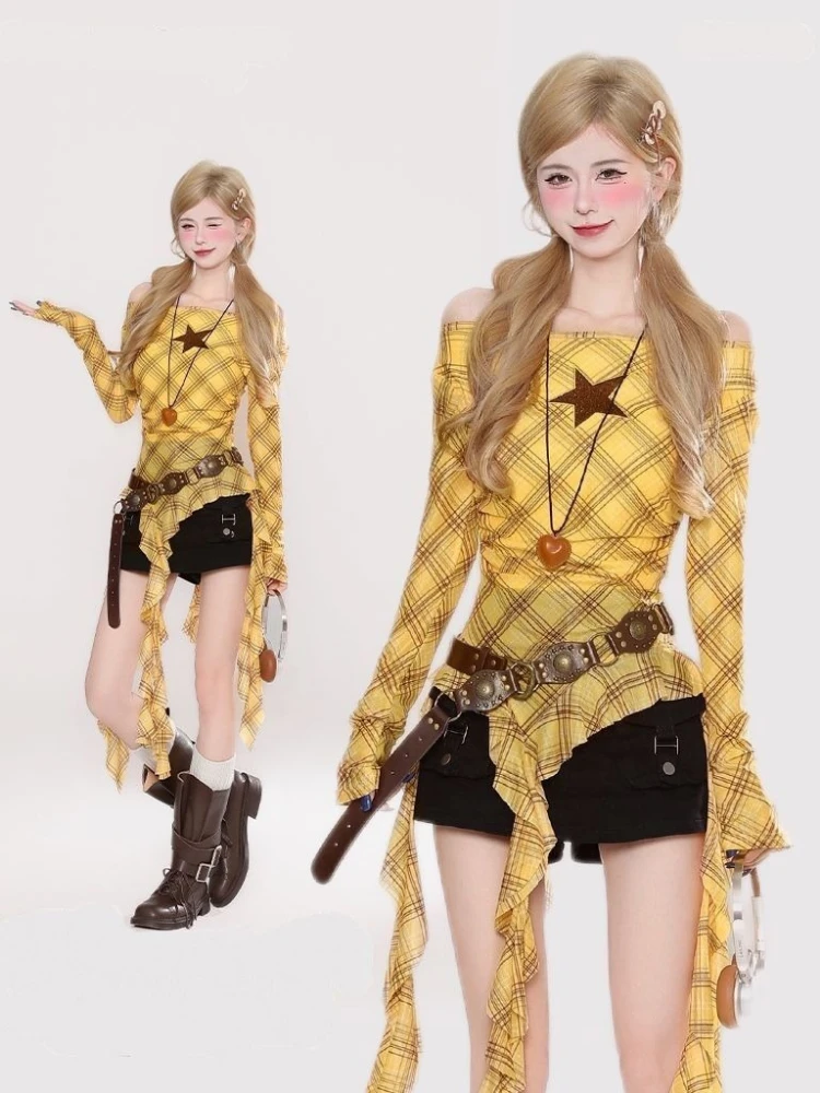 Y2K Plaid Slash Neck Vintage T - T-Shirts 评论和价格