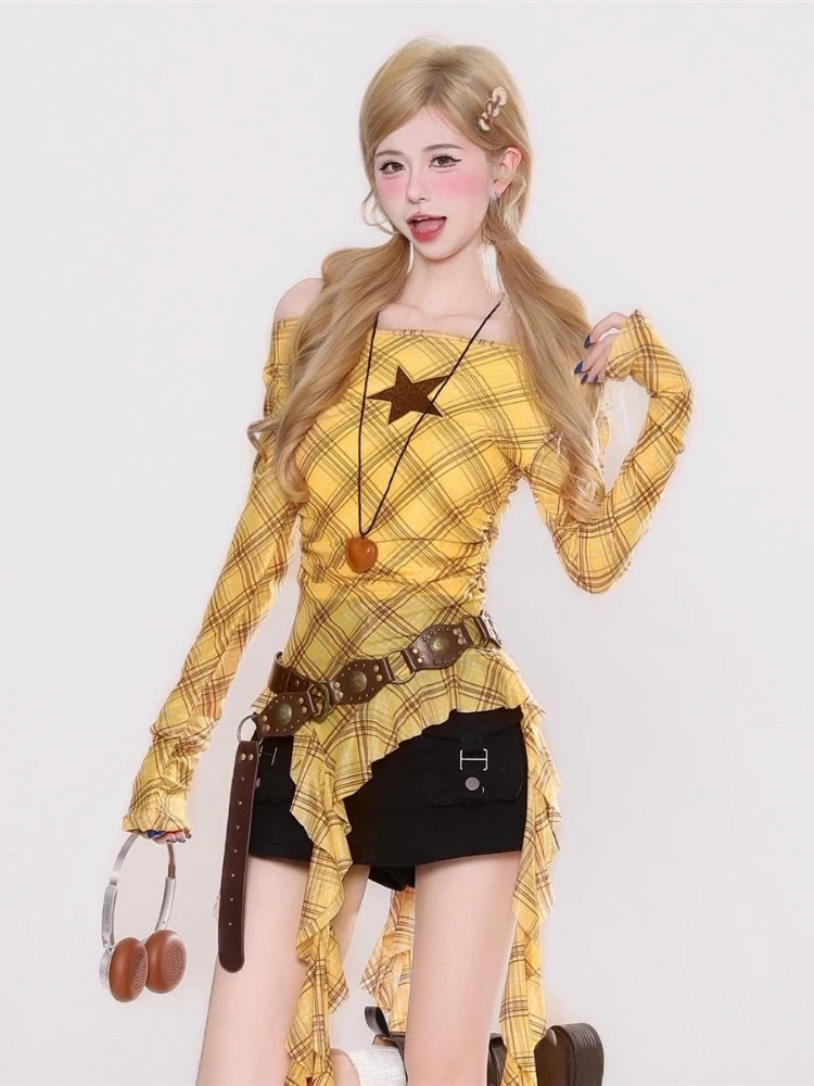 Y2K Plaid Slash Neck Vintage T - T-Shirts 评论和价格