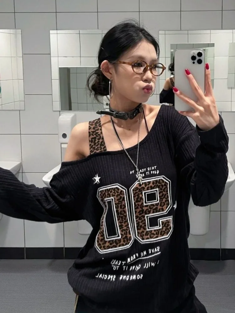Y2K Patchwork Leopard Print T- - T-Shirts 评论和价格