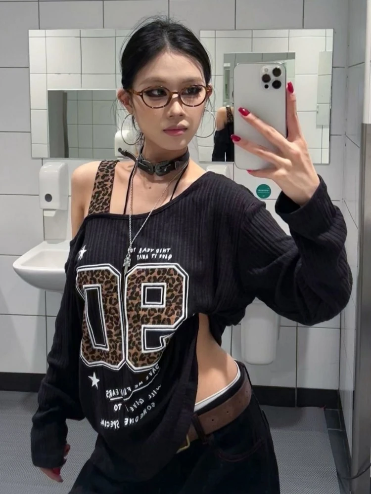Y2K Patchwork Leopard Print T- - T-Shirts 评论和价格