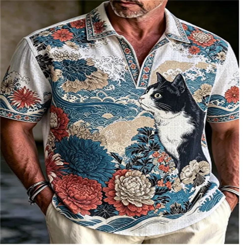 Men's Short Sleeve Polo Shirt  - Vintage Hawaiian Floral Shirt 评论和价格