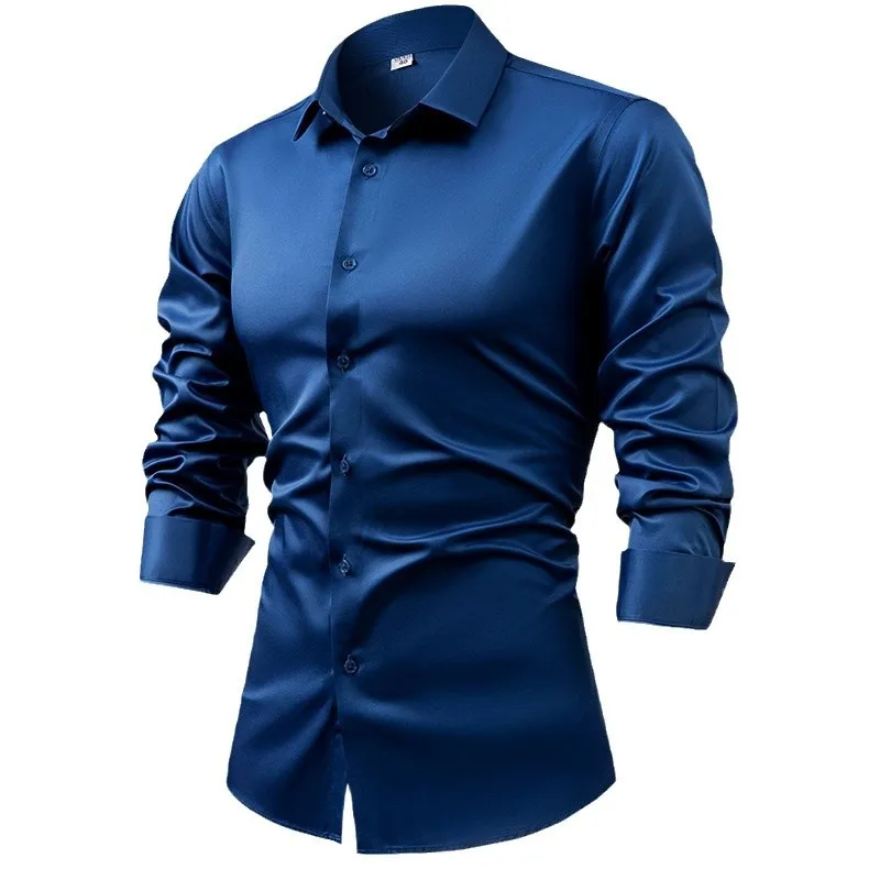 2025 Spring Autumn Royal Blue  - Mens Satin Silk Dress Shirt 评论和价格