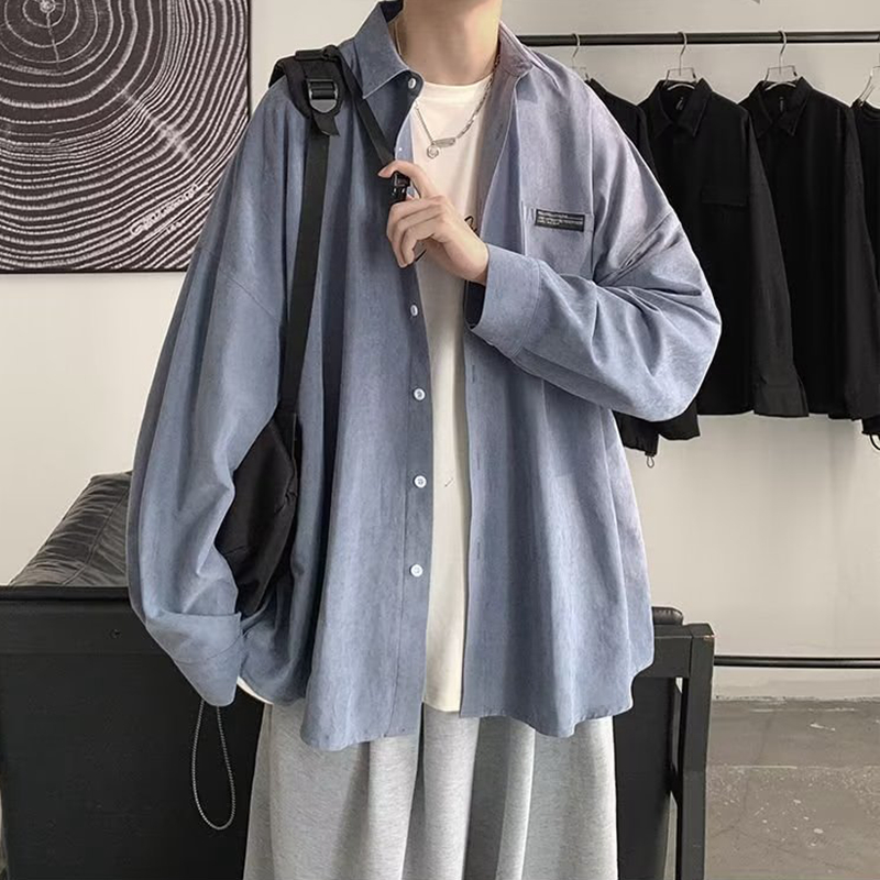 Korean Fashion Black Long Slee - Corduroy Button Up Shirt Men 评论和价格