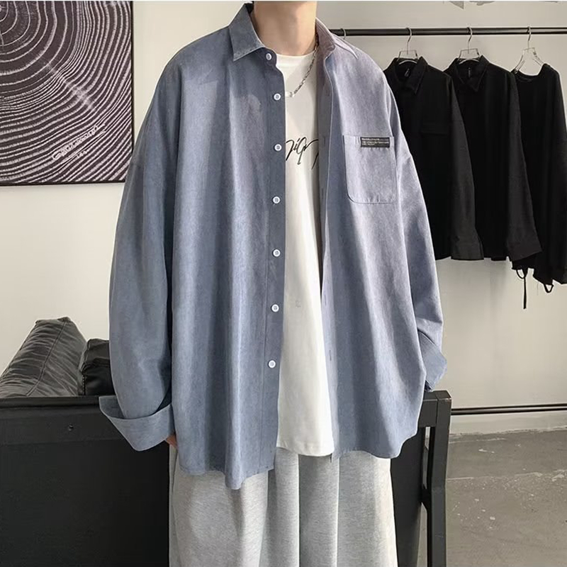 Korean Fashion Black Long Slee - Corduroy Button Up Shirt Men 评论和价格