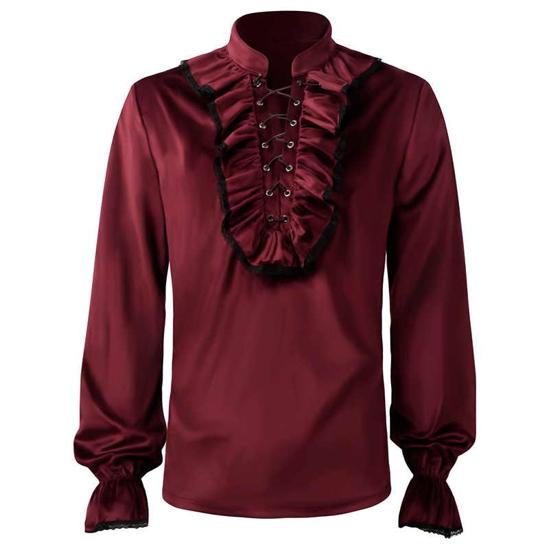 Red Lace Up Ruffles Lantern Sl - Medieval Gothic Lace Up Pirate Shirt 评论和价格