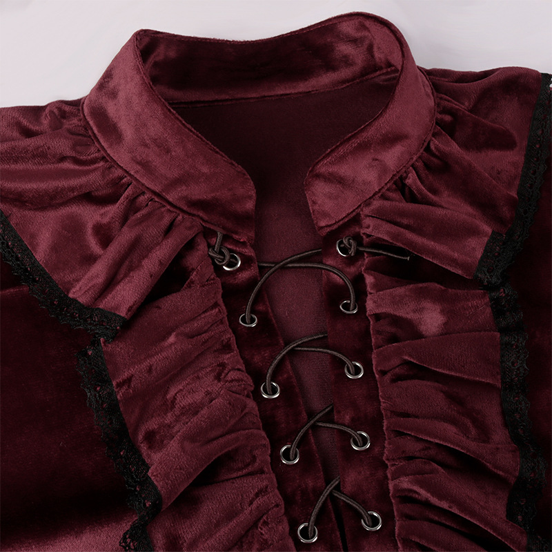 Red Lace Up Ruffles Lantern Sl - Medieval Gothic Lace Up Pirate Shirt 评论和价格