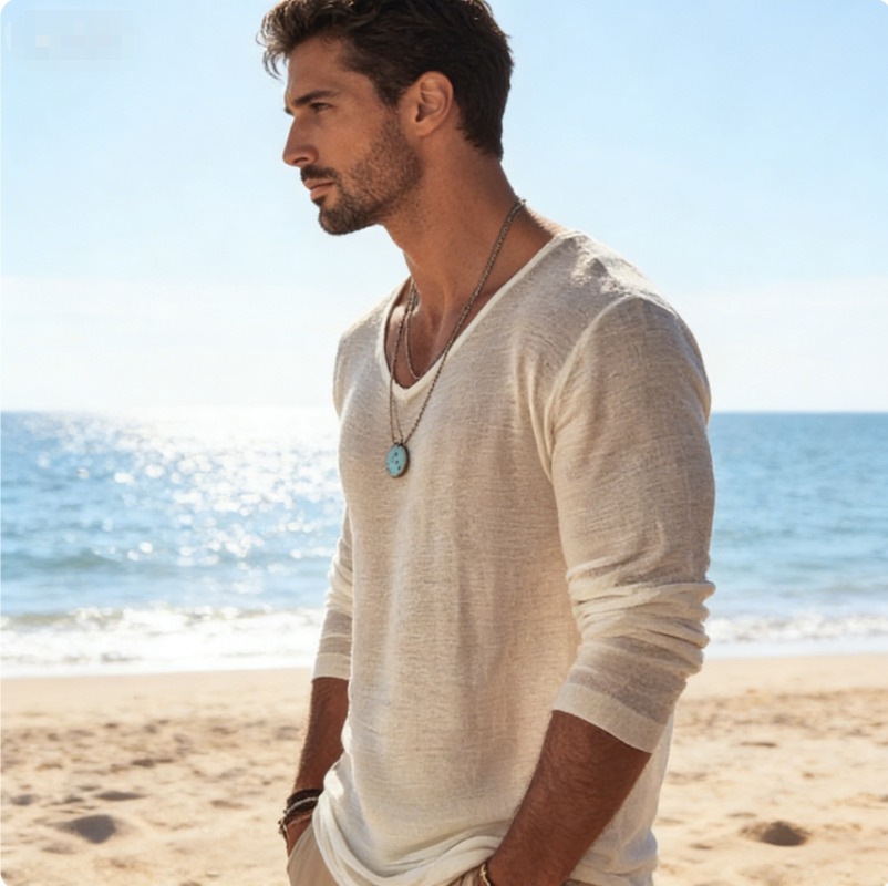 Men's Casual V-Neck Linen Blen - Mens Linen Shirt Long Sleeve 评论和价格