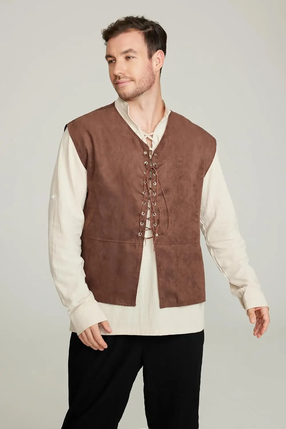 2-piece Set Men's Medieval Pir - Medieval Gothic Lace Up Pirate Shirt 评论和价格