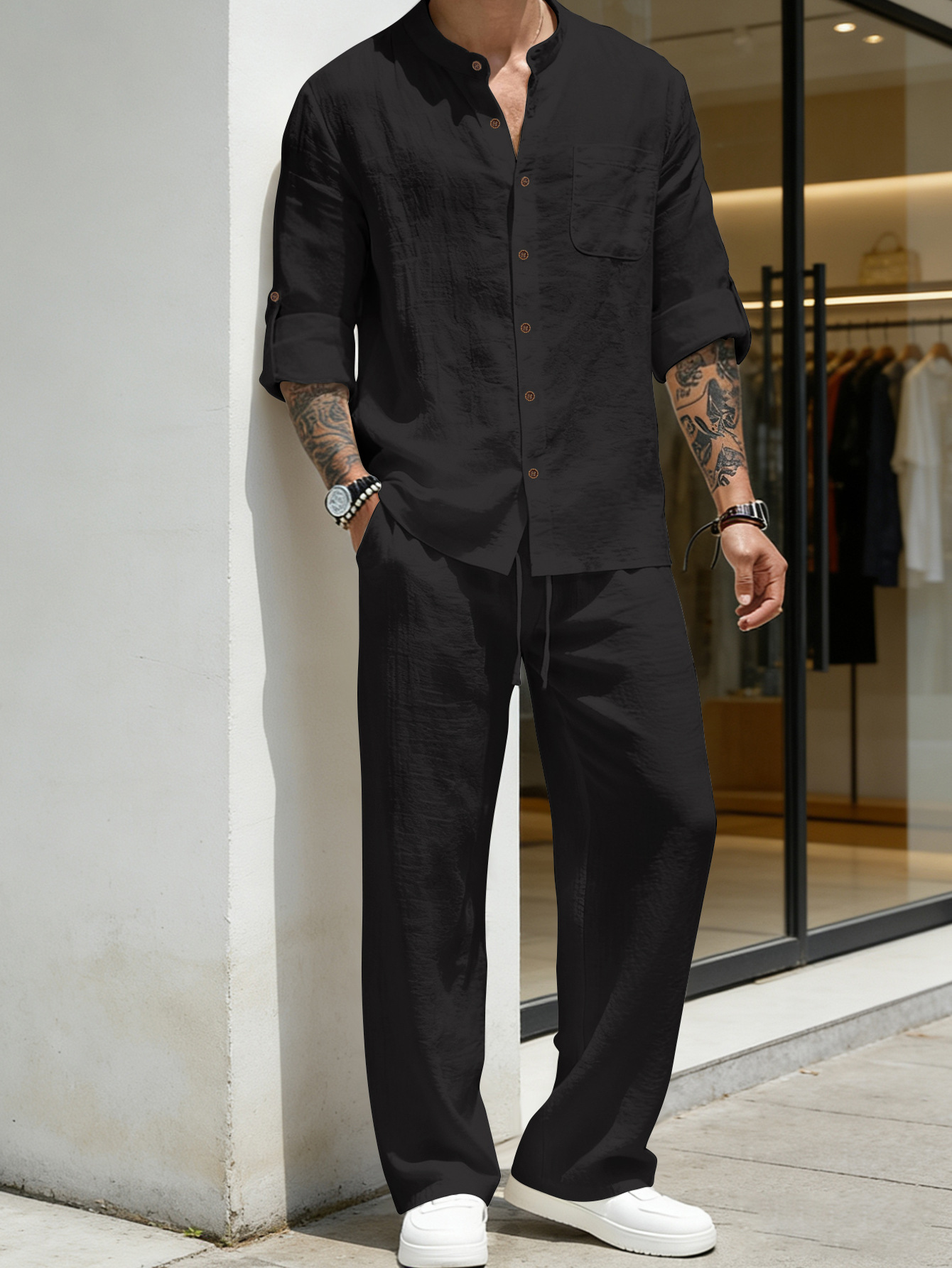 Suit Loose Linen Long Sleeve S - Mens Linen Shirt Long Sleeve 评论和价格