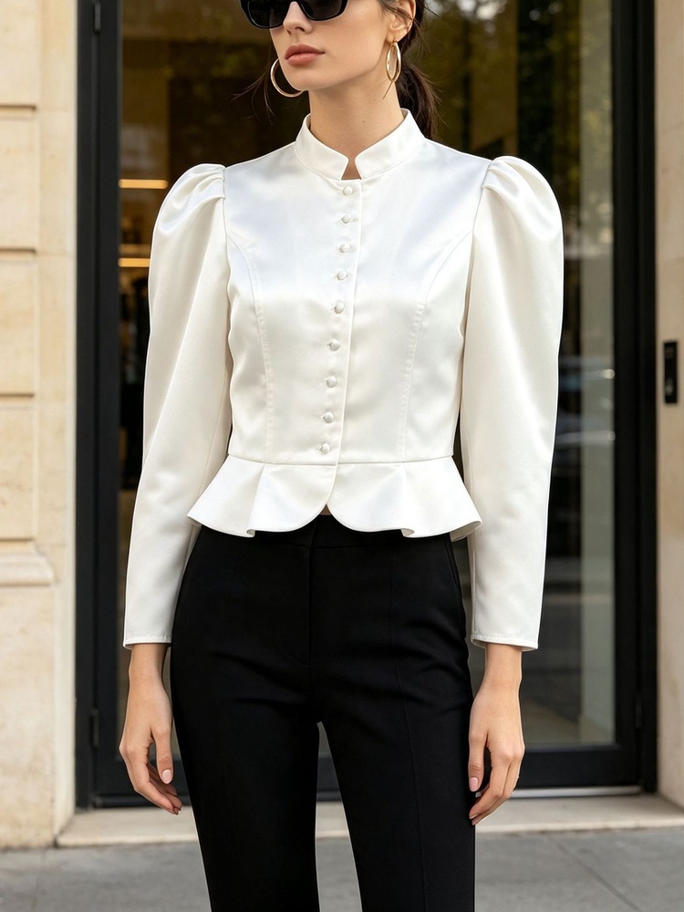 Peplum Blouse Long Sleeve Puff - Mandarin Collar Formal Shirt Slim Fit 评论和价格