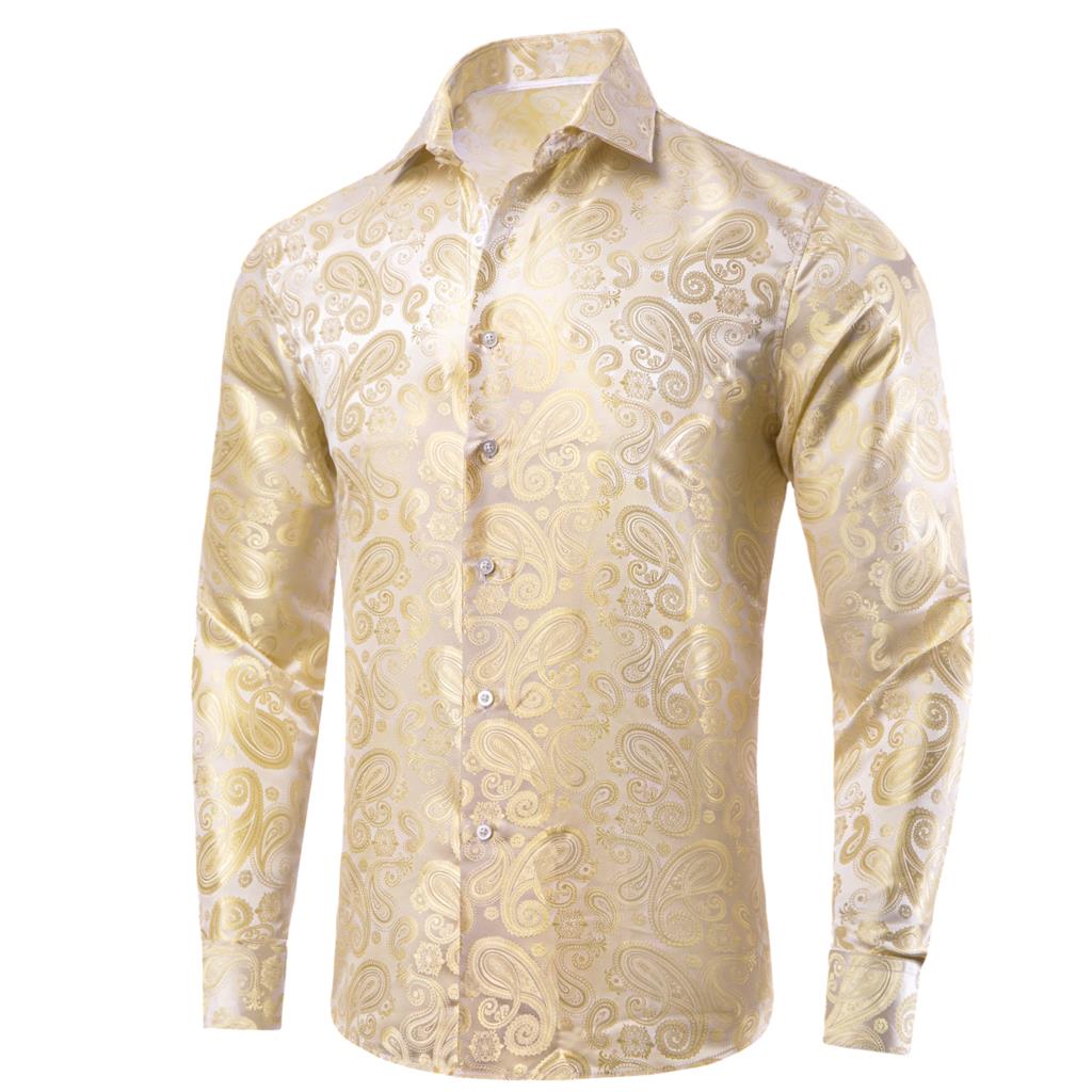 Hi-Tie Gold Beige Ivory Champa - Mens Satin Silk Dress Shirt 评论和价格