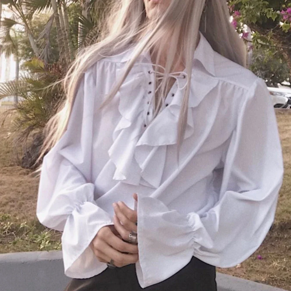 Men Pirate Shirt Vampire Princ - Medieval Gothic Lace Up Pirate Shirt 评论和价格