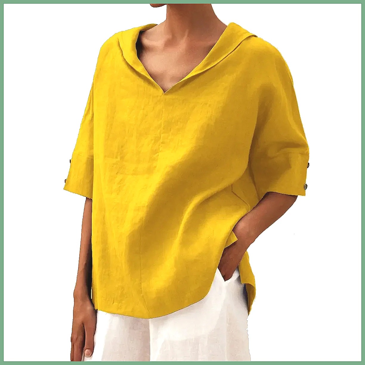 Women's Loose V-Neck Cotton Li - Shirts 评论和价格