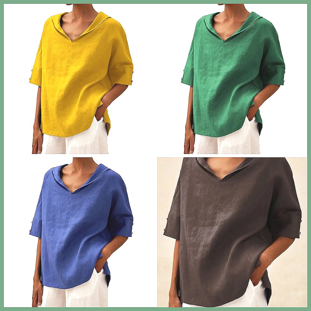 Women's Loose V-Neck Cotton Li - Shirts 评论和价格