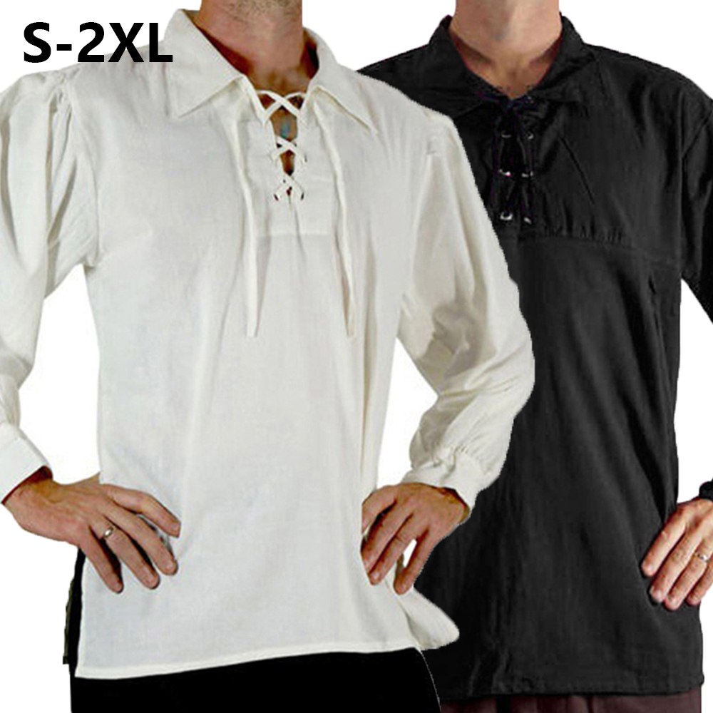 Men Medieval Renaissance Costu - Medieval Gothic Lace Up Pirate Shirt 评论和价格