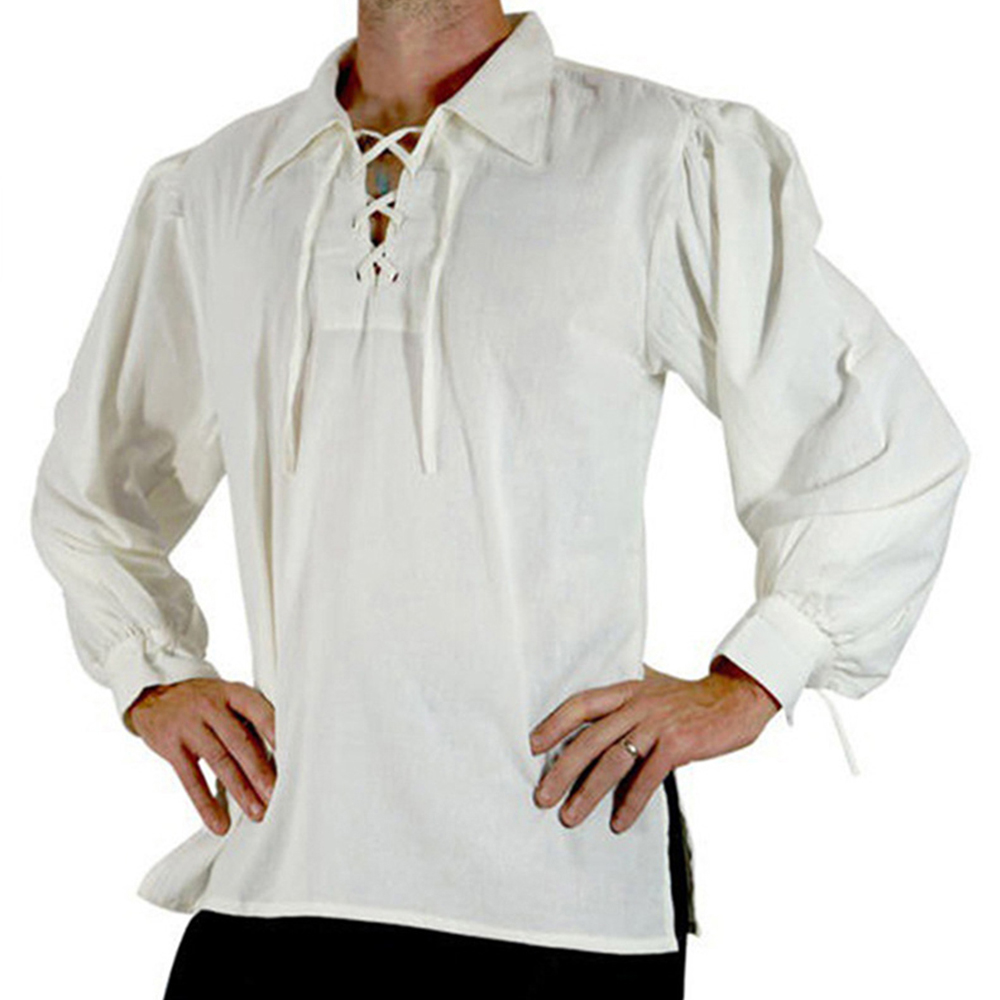 Men Medieval Renaissance Costu - Medieval Gothic Lace Up Pirate Shirt 评论和价格