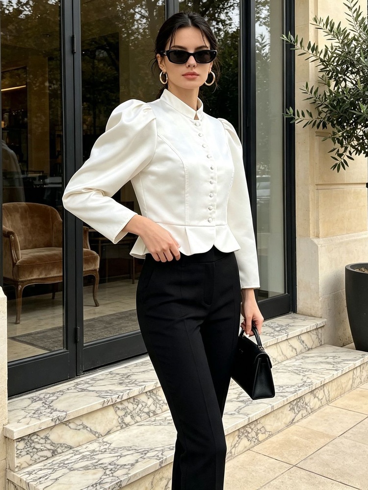 Tossy Peplum Blouse Long Sleev - Mandarin Collar Formal Shirt Slim Fit 评论和价格