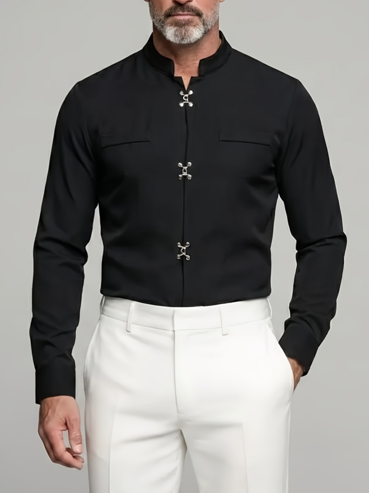 Luxury Men Mandarin Stand Coll - Mandarin Collar Formal Shirt Slim Fit 评论和价格