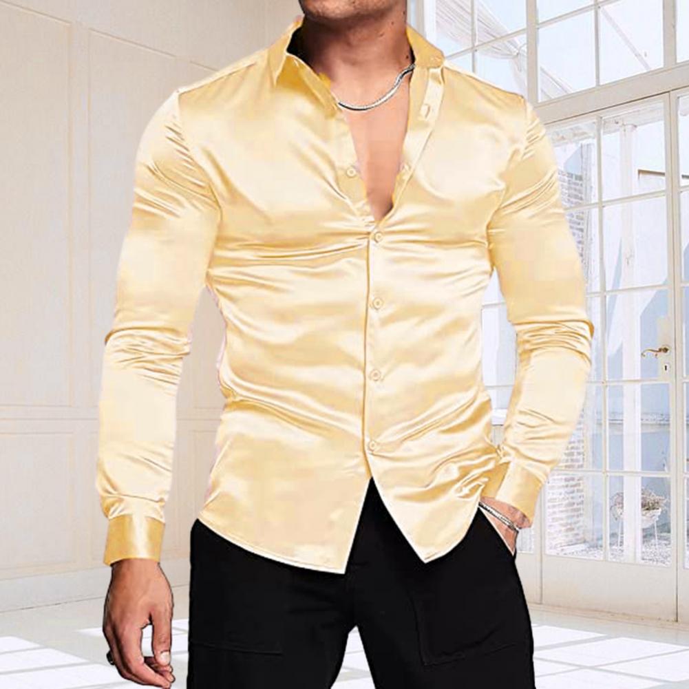 Stylish Men Shiny Silk Like Sa - Mens Satin Silk Dress Shirt 评论和价格