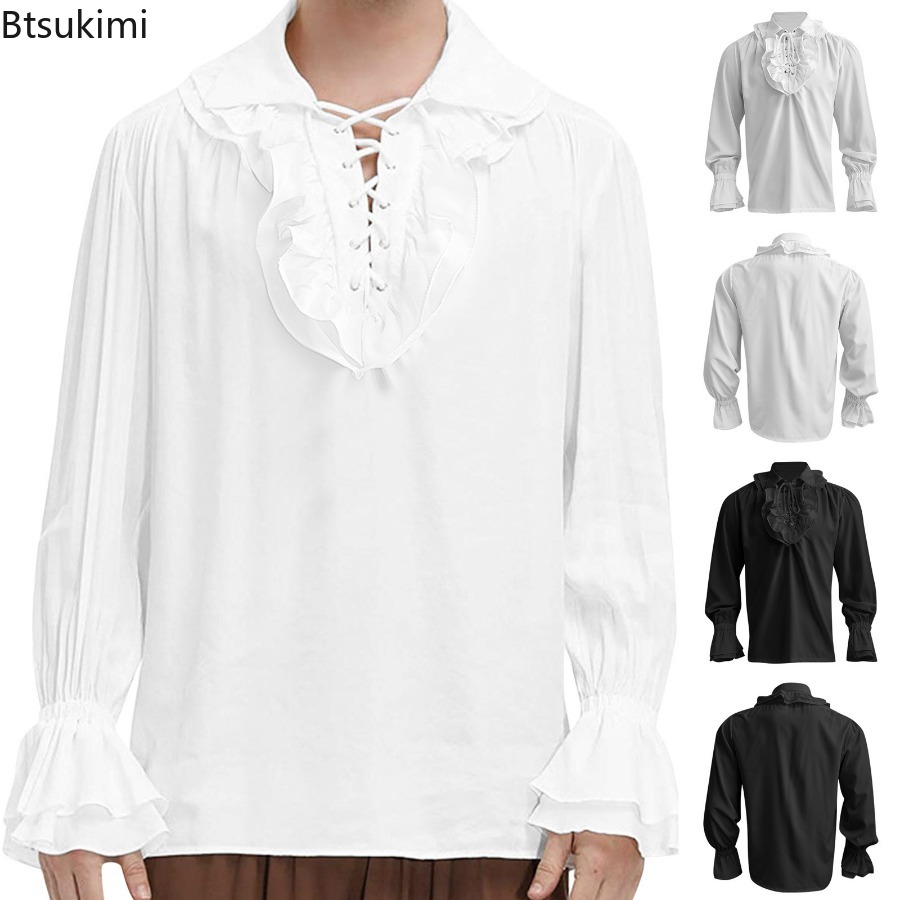 Men's Medieval Renaissance Pir - Medieval Gothic Lace Up Pirate Shirt 评论和价格